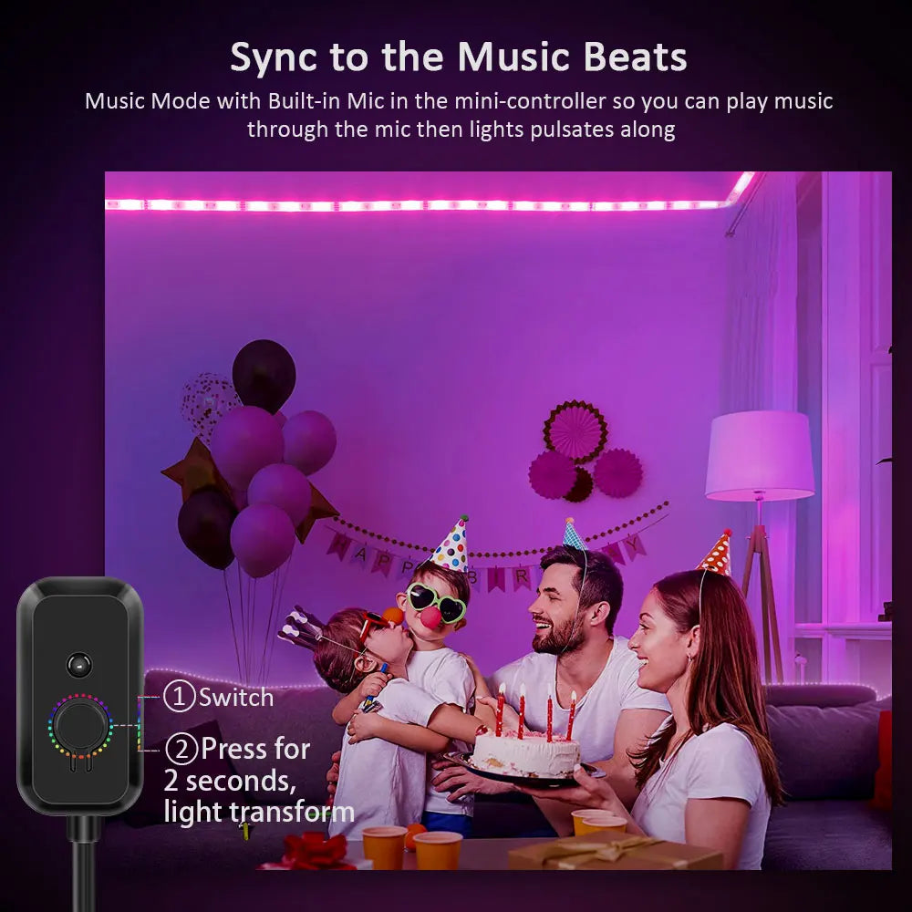 Control inteligente mediante aplicación móvil para cambiar colores, brillo y efectos fácilmente. Tecnología RGB multicolor con millones de combinaciones de luz.
