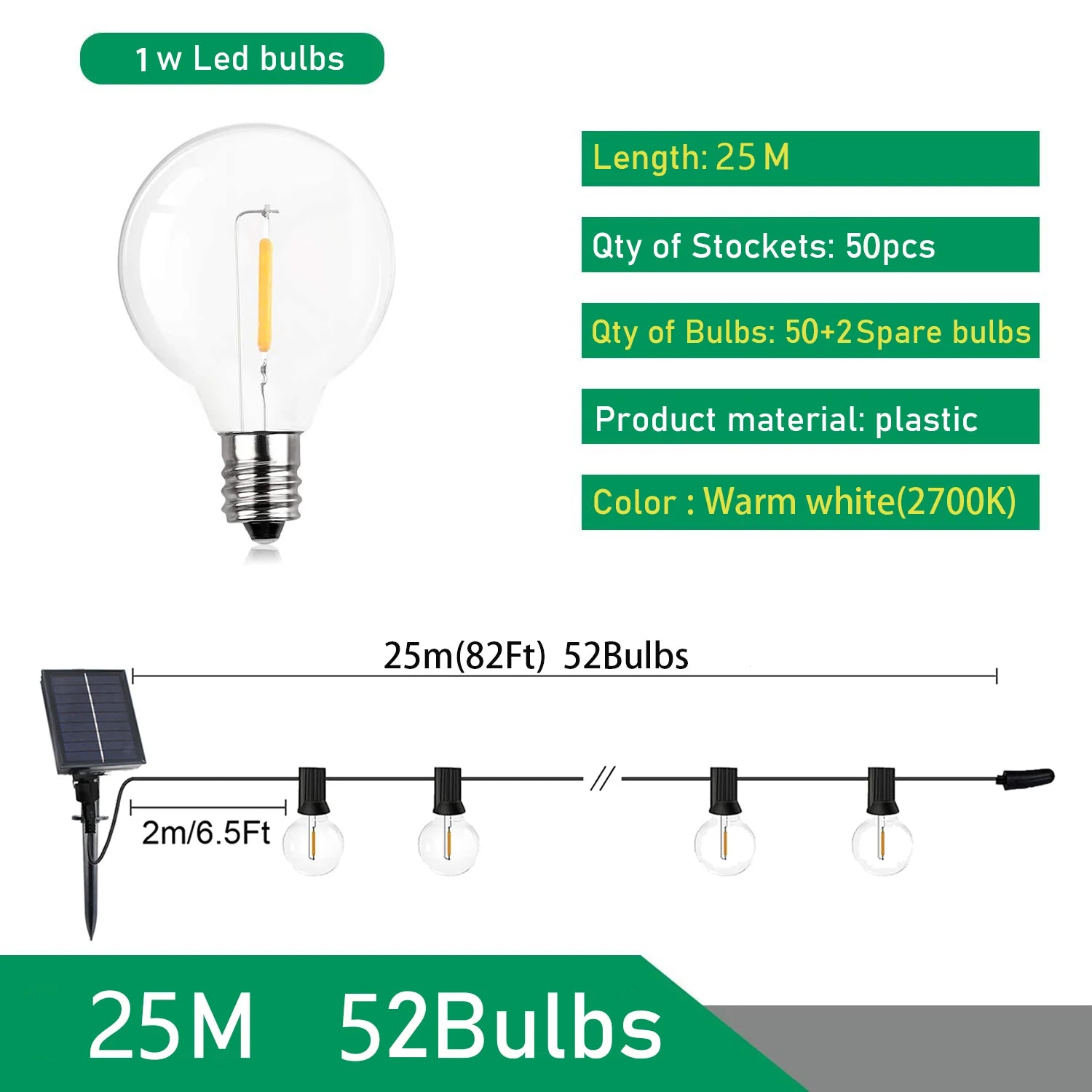 Guirnalda de Luces LED Solares Tipo Festón G40 para Exterior – Iluminación Decorativa para Jardín, Patio, Terraza y Eventos (Navidad, Fiestas y Más)
