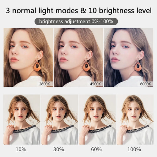 Aro de luz LED de 10” (26 cm) con iluminación profesional 3 modos de luz: blanca, cálida y suave